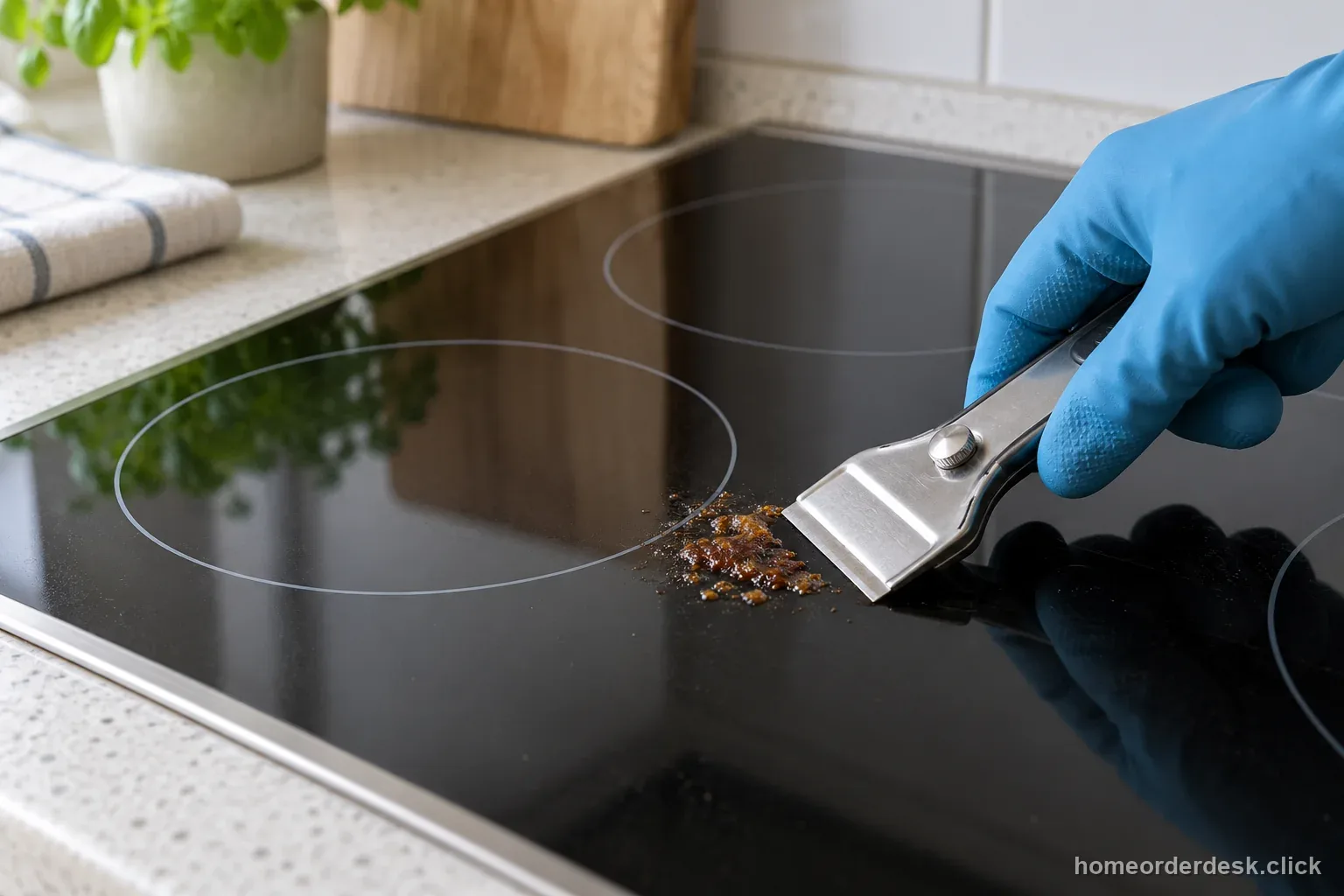 A gloved hand uses a flat cooktop scraper beside a small hardened spill on a black glass cooktop