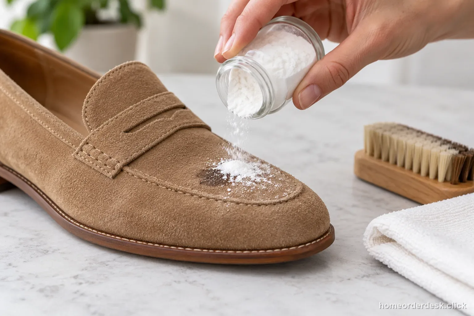 A hand gently sprinkles absorbent powder over a spot on a tan suede shoe, with a suede brush nearby