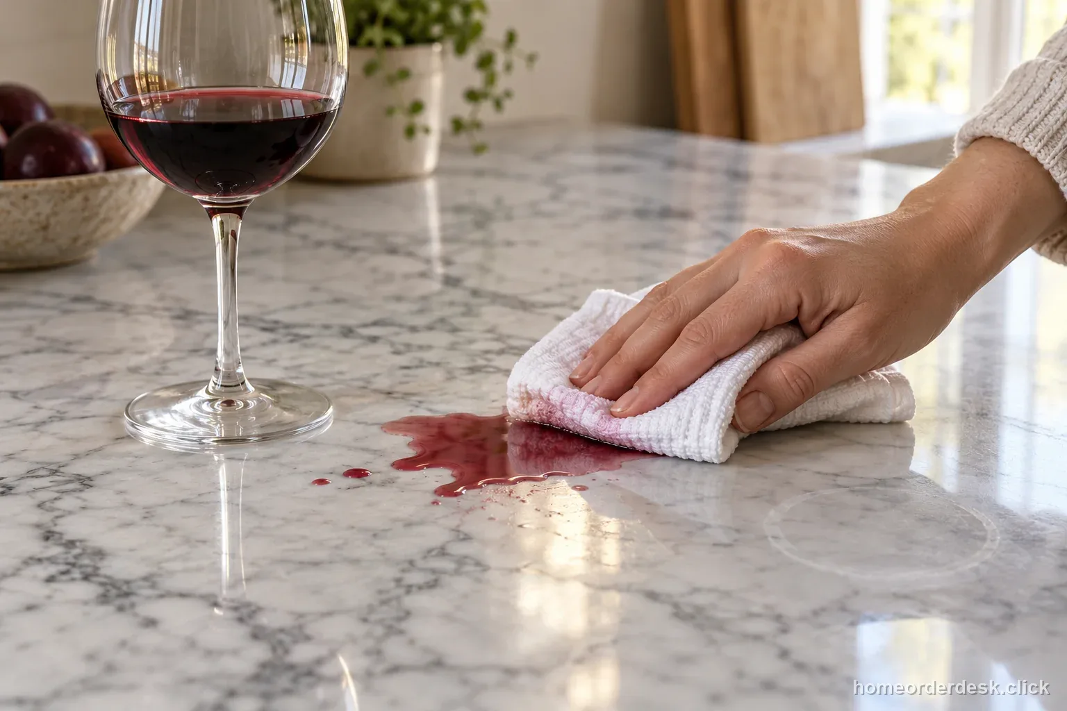 A clean cloth blotting a small red-wine spill on a white marble counter